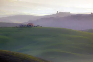Farmhouse Prints: Europe, Italy, Val d Orcia. Sunrise over misty valley