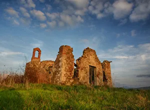 Europe; Italy; Val Di Orcia Tuscany; Old Church ruins with evening light