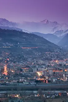 Images Dated 27th February 2005: Europe, Italy, Valle d Aosta-AOSTA: Town View with Alps from PILA Road / Evening
