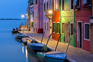 Walkway Prints: Europe, Italy, Veneto, Burano. Blue hour at sunset