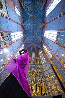 Images Dated 6th September 2010: Europe, Italy, Venice. Composite of woman in Carnival costume and interior of Krakow