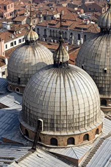Byzantine Prints: Europe, Italy, Venice. Looking down on the domes of St. Marks Basilica from the Campanile