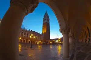 Wide Angle Prints: Europe; Italy; Venice; San Marcos Square at Night With Reflections
