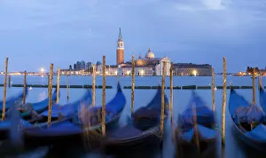 Lighting Prints: Europe, Italy, Venice. Sunset on gondolas and Church of San Giorgio Maggiore