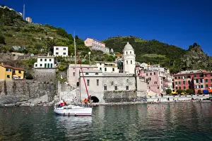 Boating Prints: Europe; Italy; Vernazza; Sail Boat landing at the City and Church of Santa Margherita