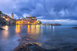 Lighting Prints: Europe, Italy, Vernazza. Sunset on coastal town