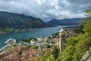 Jim Zuckerman Prints: Europe, Montenegro, Kotor. Cruise ship in city harbor