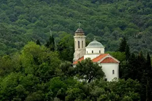 Kotor Prints: Europe, Montenegro, Perast. Typical church located within the dark forest along
