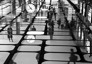 Ceiling Prints: Europe, Netherlands, Amsterdam. Abstract of commuters reflected in the ceiling of train
