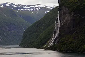 Geiranger Prints: Europe, Norway, Geiranger. Bridal Veil Falls view from cruise