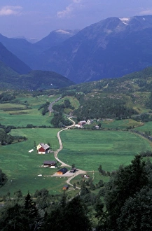 Geiranger Prints: Europe, Norway, Geirangerfjord, Geiranger. Lush farming valley
