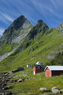 Lofoten Prints: Europe, Norway, Lofoten. Houses in Vindstad below Rabbtinden