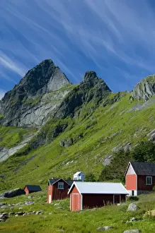 Images Dated 31st July 2006: Europe, Norway, Lofoten. Houses in Vindstad below Rabbtinden