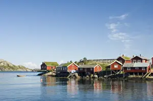 House Boat Prints: Europe, Norway, Lofoten. Rorbus (traditional fishermans huts) in Reine