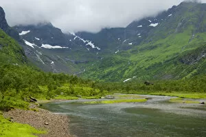 Europe, Norway, Lofoten. The valley and river of Vestpollen in Moysalen National Park