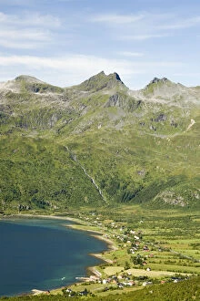 Images Dated 10th August 2006: Europe, Norway, Lofoten. View of Laupstad from Lilandstinden