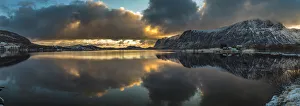 Nordland Prints: Europe, Norway. Snow covered mountains surround the still waters near Leknes on Vestvagoy