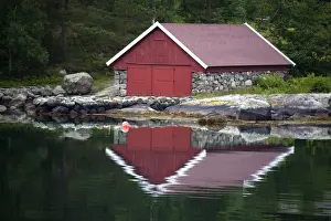 Mirror Prints: Europe, Norway, Stavanger. Boathouse and reflection on Lysefjord