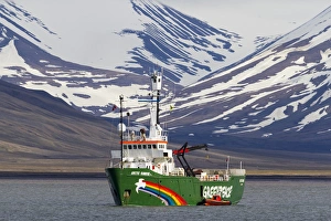 Images Dated 9th July 2012: Europe, Norway, Svalbard, Longyearbyen. Greenpeace ship Arctic Sunrise moored in harbor