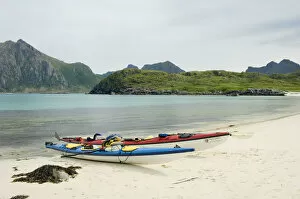 Images Dated 6th July 2006: Europe, Norway, Vesteralen. Sea kayaks on beach at Hovden