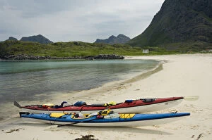 Images Dated 6th July 2006: Europe, Norway, Vesteralen. Sea kayaks on beach at Hovden