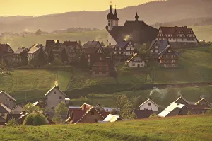 Poland Prints: Europe, Poland, Carpathian Mountains. Kluszkowce. Sunset, Town and new church