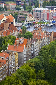 Poland Prints: Europe, Poland, Gdansk. Overview of buildings and bay