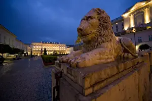 Poland Prints: Europe, Poland, Warsaw. Lion statue outside government buildings