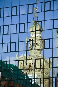 Poland Prints: Europe, Poland, Warsaw. Old building reflects in new building