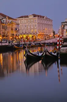Images Dated 1st July 2011: Europe; Portugal; Averio; Moliceiro Boats Along the main canal of Averio With Night Lights