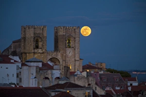 Roman Catholic Prints: Europe, Portugal, Lisbon. Lisbon Cathedral and full moon