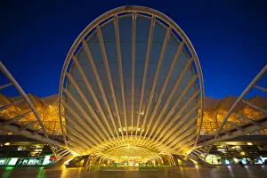 Europe, Portugal, Lisbon. Oriente Train Station lit at night
