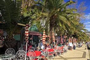 Palms Prints: Europe, Portugal Madeira. Cafes line the harbor promenade in Funchal