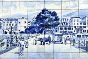 Europe, Portugal, Madeira. Traditional painted glazed tiles decorate exterior facade