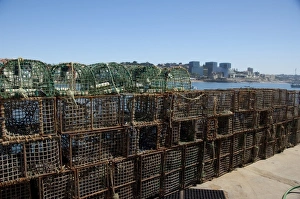 Images Dated 3rd June 2010: Europe, Portugal. Seaside city of Cascais, coastal view from pier with fish traps