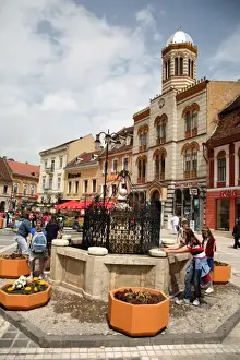 Brasov Prints: Europe, Romania, Brasov, Childern play with water of the fountain with Adormirea