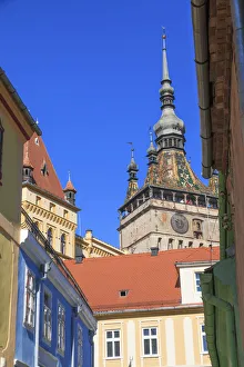Low Angle Prints: Europe, Romania, Mures County, Sighisoara, clock tower, symbol of the town
