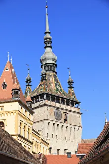 Low Angle Prints: Europe, Romania, Mures County, Sighisoara clock tower, symbol of the town
