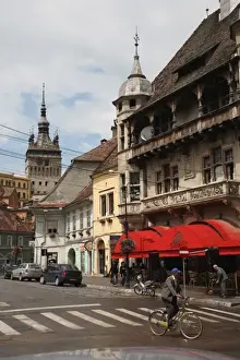 Europe, Romania, Sighisoara, Lower Town street around medieval citadel with the Clock