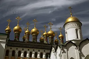 Russia Prints: Europe, Russia, Moscow. The Upper Saviors Cathedral domes, Kremlin. Moscow