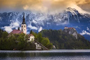 Stairway Prints: Europe, Slovenia, Lake Bled. Church castle on lake island and mountain landscape