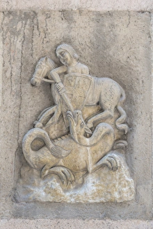 Shield Prints: Europe, Spain, Barcelona, relief sculpture of St. George slaying the dragon
