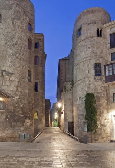 Alley Prints: Europe, Spain, Catalonia, Barcelona, Gothic Quarter, Old Roman Gate at Dawn