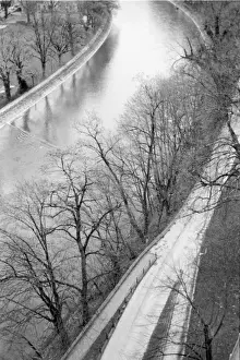 Black And White Prints: Europe, Switzerland, Bern. Overview of the Aare River banks