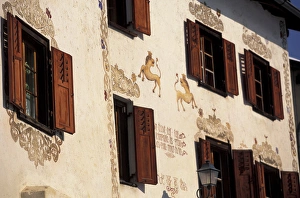 Images Dated 5th October 2004: Europe, Switzerland, Graubunden, Guarda. Village window detail
