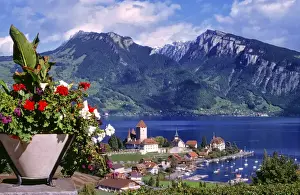Swiss Prints: Europe, Switzerland, Spiez. Castle Oberhofen has a commanding view of the Thunersee