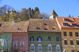 Transylvania Prints: Europe, Transylvania, Romania, Mures County, Sighisoara, colorful residences along