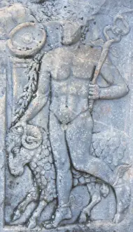 Roman Prints: Europe, Turkey, Ephesus. A Roman carving depicts Hermes leading a ram to be sacrificed