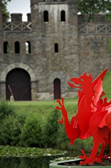 Welsh Prints: Europe, Wales, Cardiff. Cardiff Castle. Welsh country symbol, mythical red winged dragon