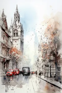 Images Dated 30th July 2024: European city streetscape. Illustration-style. (AI Generated)